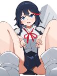  1girl absurdres black_hair black_skirt blue_eyes case commentary foreshortening hands_on_own_thighs highres kill_la_kill looking_at_viewer loose_neck_ribbon matoi_ryuuko multicolored_hair neck_ribbon panties pantyshot parted_lips pleated_skirt red_hair red_ribbon ribbon school shirt shoes short_hair simple_background skirt sneakers solo squatting straight-on streaked_hair symbol-only_commentary t-lex teeth thighs two-tone_hair underwear upper_teeth_only white_background white_footwear white_panties white_shirt wing_collar 