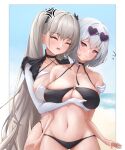  2girls absurdres alternate_costume anger_vein azur_lane bikini black_bikini black_choker blush breasts choker closed_eyes cowboy_shot eyewear_on_head flying_sweatdrops formidable_(azur_lane) gaizhuang_no_tianlangxing-shiriasu gloves grabbing grabbing_another&#039;s_breast grabbing_from_behind grey_hair heart heart-shaped_eyewear highres large_breasts long_hair multiple_girls navel o-ring o-ring_bikini o-ring_top official_alternate_costume pink-framed_eyewear scrunchie short_hair sirius_(azur_lane) sirius_(scorching-hot_seirios)_(azur_lane) strap_break swimsuit twintails very_long_hair wardrobe_malfunction white_bikini white_gloves white_hair wrist_scrunchie yuri 