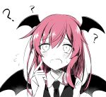  1girl ? bat_wings black_jacket black_necktie collared_shirt commentary demon_wings english_commentary flying_sweatdrops hair_between_eyes hair_over_eyes hand_up head_wings highres jacket koakuma long_hair looking_up monochrome necktie open_mouth red_hair shirt simple_background solo touhou tsuukinkaisoku_oomiya white_background white_shirt wings 