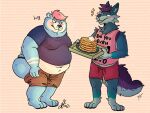  anthro bear belly belly_overhang big_butt blue_body blue_fur blush butt butter canid canine canis clothed clothing dairy_products food fur hair hi_res male mammal mutual_weight_gain obese obese_anthro obese_male overweight overweight_anthro overweight_male pancake pink_hair pulling_up_bottomwear purple_hair raccoonkind series small_clothing syrup toza weight_gain wolf yukon 