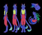  ambiguous_gender anthro biped black_background blue_body blue_fur body_horror claws clothed clothing digitigrade dipstick_tail domestic_cat felid feline felis fur green_eyes hi_res inner_ear_fluff mammal markings nonbinary_(lore) paws pupils simple_background slit_pupils solo star_(starapture) starapture tail tail_markings tuft 