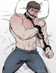  1boy 42nkooon abs bara bed blush bound bound_wrists brown_hair chain gagged garen_(league_of_legends) grey_pants large_pectorals league_of_legends lying male_focus muscular muscular_male navel on_back on_bed pants pectorals pillow restrained short_hair solo topless_male twitter_username 