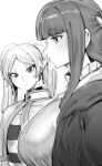  2girls absurdres blunt_bangs blush breasts fern_(sousou_no_frieren) frieren girl_staring_at_guys_chest_(meme) greyscale head_tilt highres huge_breasts looking_at_breasts meme monochrome multiple_girls niwarhythm parted_bangs profile sousou_no_frieren twintails upper_body 