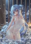  1girl blue_eyes blue_hair braid breasts cleavage commission hair_rings hand_up highres large_breasts long_hair looking_at_viewer naked_towel night one_side_up onsen open_mouth original outdoors second-party_source see-through_silhouette shiro_albino snowing solo towel very_long_hair wading water wet yuksi_(yuksi) 