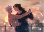  2boys :d ^_^ arm_up artist_name black_hair black_pants black_shirt blue_pants blurry blurry_background blush brown_shirt closed_eyes cloud collarbone commentary earrings getou_suguru gojou_satoru hair_bun hand_on_another&#039;s_back hand_up happy holding_hands jewelry jujutsu_kaisen lens_flare long_hair long_sleeves male_focus multiple_boys open_mouth orange_sky pants profile railing shirt short_hair signature single_hair_bun sky smile standing sunset symbol-only_commentary teeth twilight upper_teeth_only white_hair yaoi yulicechan 