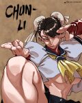  1girl absurdres black_hair breasts brown_eyes character_name chun-li cosplay double_bun earrings elfecarterr fingerless_gloves gloves hair_bun highres jewelry kasugano_sakura kung_fu midriff school_uniform short_hair street_fighter thick_thighs thighs underboob 