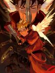  angel_wings black_gloves blue_eyes boots closed_eyes coat cross crying earrings fingerless_gloves gloves gun highres jewelry mole mole_under_eye red_coat ring sad single_earring smile str3wberryy sunglasses trigun v vash_the_stampede weapon wings 