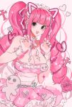  1girl archived_source bad_id bad_twitter_id bare_shoulders black_eyes blunt_bangs braid cross detached_collar dress drill_hair eyelashes flower frilled_dress frills ghost heart joman long_hair looking_at_viewer maid_headdress one_piece open_mouth perona pink_background pink_flower pink_hair pink_nails pink_rose rose short_dress sidelocks simple_background smile solo star_(symbol) strapless strapless_dress twintails upper_body waist_ribbon white_wrist_cuffs 