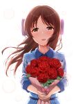  1girl aiban backlighting blue_shirt bouquet bow brown_eyes brown_hair commentary facing_viewer flower hair_bow happy_tears highres holding holding_bouquet idolmaster idolmaster_cinderella_girls long_sleeves pink_bow red_flower red_rose rose shirt simple_background sleeves_past_elbows solo tachibana_arisu tearing_up tears upper_body white_background 