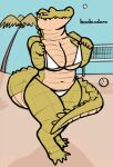  absurd_res alligator alligatorid anthro ball beach big_breasts bikini breasts cleavage clothed clothing crocodilian dubindore female green_body green_scales hi_res net non-mammal_breasts palm_tree partially_clothed plant reptile scales scalie seaside sharp_teeth sky smile solo swimwear teeth thick_thighs tree volleyball_(ball) volleyball_net 