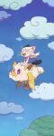  1girl absurdres animal_ears basket bat_wings blue_dress blue_sky cat_ears cat_girl chibi closed_eyes cloud creature dress flying full_body furry furry_female highres holding holding_basket horseback_riding hua_hua_de_meme neckerchief open_mouth original pig_ears pig_nose red_neckerchief riding sailor_dress sky sleeveless sleeveless_dress smile solo tree white_fur white_hair wings yellow_wings 