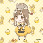  1girl :q animal_hands animal_on_head apple apple_slice blunt_bangs blush bow bowl brown_cat brown_eyes brown_hair cat cat_on_head cherry chibi closed_mouth commentary_request food fruit full_body glove_bow gloves leaning_forward lemon lemon_slice lemonade long_hair looking_at_viewer macaron medium_bangs miyan_(shamigame) on_head paw_gloves pudding puffy_sleeves ragnarok_masters ragnarok_online shirt sidelocks skirt smile socks solo tongue tongue_out white_shirt white_socks yellow_bow yellow_skirt 
