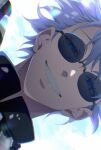  1boy absurdres black_jacket blue_eyes gojou_satoru grin highres jacket jujutsu_kaisen looking_at_viewer male_focus may_(illust_man_2020) portrait round_eyewear short_hair smile solo sunglasses teeth white_background white_hair 