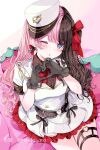  1girl artist_name black_gloves black_hair black_straps blue_eyes bow dress frilled_dress frills gloves hair_bow hands_up hat heart heart_hands highres hinakisara long_hair multicolored_hair one_eye_closed parted_lips pink_hair red_bow short_sleeves sitting tachibana_hinano_(vtuber) thigh_strap twitter_username virtual_youtuber vspo! white_dress white_headwear 