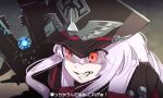  1girl artery_gear artery_gear:_fusion atlas_(artery_gear) commentary_request grey_hair grin hair_between_eyes hat m_yuzuruha military_hat pink_hair red_eyes smile translation_request 
