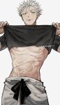  1boy :p abs artist_name black_shirt blue_eyes closed_mouth clothes_lift colored_eyelashes commentary cowboy_shot english_commentary eyelashes gojou_satoru hands_up jujutsu_kaisen kadeart lifted_by_self looking_at_viewer male_focus navel nipples scar scar_on_stomach shirt shirt_lift short_hair short_sleeves signature simple_background smile solo standing stomach t-shirt tongue tongue_out white_background white_hair 