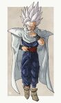  1boy cape dougi dragon_ball dragon_ball_super full_body gohan_beast grey_hair highres kakeru_(dbskakeru) male_focus red_eyes red_sash sash solo son_gohan spiked_hair white_cape 