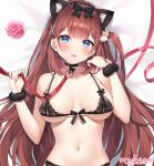  1girl animal_ears areola_slip ayamy ayamy_(vtuber) black_bra black_panties blue_eyes blush bra breasts brown_hair cat_ears cat_hair_ornament cleavage collar commentary hair_ornament hair_ribbon highres indie_virtual_youtuber lace lace-trimmed_bra lace_trim large_breasts lingerie long_hair looking_at_viewer navel panties ribbon smile solo stomach symbol-only_commentary underwear virtual_youtuber 