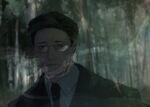  1boy almostghost black_hair black_suit blurry blurry_background forest formal glasses hair_slicked_back highres ken&#039;i_wang looking_at_viewer mafia male_focus nature necktie shirt short_hair signature smoke solo suit white_shirt 