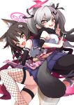  2girls :3 :d animal_ear_fluff animal_ears ass back-to-back black_gloves black_hair black_pantyhose blue_archive commentary_request elbow_gloves eyeshadow fang fingerless_gloves fishnet_fabric fox_ears fox_girl fox_hair_ornament fox_shadow_puppet fox_tail fumi_(fumibeing) gloves gradient_hair grey_hair hadanugi_dousa hair_between_eyes halo highres izuna_(blue_archive) japanese_clothes kuji-in long_hair long_sleeves looking_at_viewer makeup michiru_(blue_archive) multicolored_hair multiple_girls ninja one_side_up pantyhose pleated_skirt raccoon_ears raccoon_girl raccoon_hair_ornament raccoon_tail red_eyeshadow rope school_uniform serafuku shimenawa sidelocks simple_background skirt sleeveless smile tail thick_eyebrows thighlet twintails two-tone_hair white_background wide_sleeves yellow_eyes 