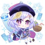  1girl braid cape chibi chinese_clothes coconut coin_hair_ornament commentary genshin_impact hair_between_eyes hair_ornament hat jiangshi kitsuneco long_hair long_sleeves looking_at_viewer low_ponytail ofuda parted_lips purple_eyes purple_hair qing_guanmao qiqi_(genshin_impact) sidelocks simple_background single_braid solo thighhighs white_thighhighs wide_sleeves yin_yang zettai_ryouiki 