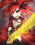 1girl alternate_costume armor artist_name breasts choker collarbone diamond_(shape) feather_hair_ornament feathers flaming_sword flaming_weapon flannery_(pokemon) grey_background hair_ornament holding holding_sword holding_weapon looking_at_viewer open_mouth pauldrons pendant_choker pokemon pokemon_(game) pokemon_oras red_eyes red_hair rilex_lenov shoulder_armor single_pauldron smile solo sword torn_clothes v-shaped_eyebrows vambraces weapon 