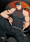  1boy absurdres animal animal_ears bara belt black_cat black_hair black_pants boots cat cat_boy cat_ears cat_tail covered_abs grey_belt headphones headphones_around_neck highres large_pectorals looking_at_viewer male_focus muscular muscular_male one_eye_closed original pants pectorals short_hair smile tail wristband zhuganchangjiadan 