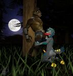  2023 3d_(artwork) absurd_res against_natural_surface against_surface against_tree animal_genitalia anthro bioluminescence blender_(software) canid canine canis clothed clothing digital_media_(artwork) duo epic_games forest fortnite genitals glowing grass hi_res humanoid hyenid_(species) kneeling_oral_position knot male male/male mammal moon partially_clothed paws penis piercing plant public public_sex sex sheath tree were werecanid werecanine werewolf wolf zeka~electros 