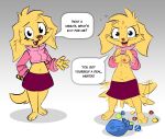  bag bottomwear breasts clothing colored dialogue female flashing football_(mazingsand) fur hi_res mazingsand nipples simple_background siroc skirt solo tail tail_aside talking_to_viewer yellow_body yellow_fur 