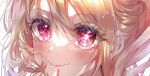  1girl blonde_hair blush commentary_request cropped head_only highres hoshino_ruby long_hair looking_to_the_side oshi_no_ko parted_lips pinapo_25 pink_eyes red_nails simple_background smile solo star-shaped_pupils star_(symbol) sunlight symbol-shaped_pupils 
