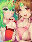  2girls bikini blush breast_press breasts brown_eyes brown_hair circlet cleavage crossed_bangs curtained_hair fire_emblem fire_emblem:_new_mystery_of_the_emblem fire_emblem_awakening fire_emblem_heroes gem gold_choker green_eyes green_gemstone green_hair highres holding_hands keldancon large_breasts linde_(fire_emblem) linde_(summer)_(fire_emblem) long_hair medium_hair multiple_girls open_mouth pink_bikini red_bikini red_gemstone swimsuit symmetrical_docking tiara tiki_(adult)_(fire_emblem) tiki_(adult)_(summer)_(fire_emblem) tiki_(fire_emblem) upper_body 