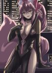  1girl animal_ear_fluff animal_ears black_bodysuit bodysuit bow breasts center_opening choker cleavage fate/grand_order fate_(series) fox_ears fox_girl fox_tail glasses hair_between_eyes hair_bow highres hip_vent koyanskaya_(assassin)_(first_ascension)_(fate) koyanskaya_(fate) ksfactory large_breasts long_hair looking_at_viewer open_mouth pink_bow pink_hair ponytail sidelocks smile solo tail tamamo_(fate) thighs window yellow_eyes 