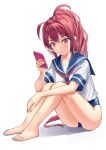  1girl barefoot blue_one-piece_swimsuit cellphone full_body hair_ribbon highres i-168_(kancolle) kantai_collection long_hair mayura_(lucadia) one-piece_swimsuit phone pink_hair ponytail red_hair ribbon sailor_collar sailor_shirt school_swimsuit school_uniform serafuku shirt short_hair simple_background sitting solo swimsuit swimsuit_under_clothes white_background 