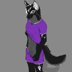 absurd_res anthro athletic athletic_anthro black_body black_fur bottomwear canid canine character_bimpy chase97 clothed clothing fur grey_body grey_fur hi_res looking_at_viewer male mammal pants pulling_clothing skimpy smug_face solo standing ych_result 