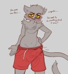  andy_(kaboozey) anthro blush bodily_fluids bottomwear bulge clothed clothing dialogue domestic_cat english_text erection fangs felid feline felis freckles genital_fluids kaboozey looking_at_viewer male mammal open_mouth precum shorts solo teeth text topless 