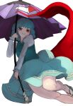  1girl absurdres blue_eyes blue_hair blue_skirt blue_vest brown_footwear commentary full_body geta heterochromia highres holding holding_umbrella juliet_sleeves karakasa_obake long_sleeves looking_at_viewer mizuki_0630 puffy_sleeves purple_umbrella red_eyes shirt short_hair simple_background skirt solo tatara_kogasa tongue touhou umbrella vest white_background white_shirt 