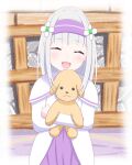  1girl blush braid dress emilia_(re:zero) flower grey_hair grin hair_between_eyes hair_flower hair_ornament hair_ribbon highres holding kaedemarine long_hair open_mouth pointy_ears purple_eyes purple_ribbon re:zero_kara_hajimeru_isekai_seikatsu ribbon smile solo standing white_flower white_hair x_hair_ornament 