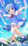  1girl bandaid bandaid_on_leg blue_bow blue_dress blue_footwear blue_hair blue_sky bow bowtie cirno collared_shirt dress fairy fairy_wings fang frilled_pants frilled_sleeves frilled_socks frills frozen_lake full_body hair_bow ice ice_wings jigatei_(omijin) mary_janes misty_lake mountain official_art open_mouth outstretched_arms pants pantyhose puffy_pants puffy_short_sleeves puffy_sleeves red_bow red_bowtie shirt shoes short_hair short_sleeves sky smile socks touhou touhou_cannonball white_pants white_shirt white_socks wind wind_lift wings 
