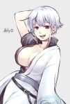  1girl artist_name breasts cleavage commentary_request eyelashes genderswap genderswap_(mtf) gintama happy highres japanese_clothes large_breasts looking_at_viewer misokkasu red_eyes sakata_gintoki short_hair simple_background smile solo standing 