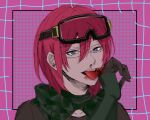  1boy black_gloves black_scarf blood blood_on_face blue_eyes brown_shirt ensemble_stars! gloves goggles goggles_on_head long_sleeves male_focus nobushi_brrr open_mouth pink_background pink_hair saegusa_ibara scarf shirt sketch solo teeth tongue tongue_out 