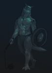  2021 anthro babanasaur babanasaur_(babanasaur) bottomwear clothing digital_media_(artwork) dinosaur flail grey_background hi_res holding_object holding_shield holding_weapon loincloth looking_forward male melee_weapon muscular muscular_anthro muscular_male reptile scalie shield simple_background solo spikes spikes_(anatomy) standing tail weapon 
