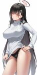  1girl black_hair blue_archive blunt_bangs blush breasts hair_ornament hairclip halo highres large_breasts long_hair looking_at_viewer panties parted_lips red_eyes rio_(blue_archive) solo sweater thighs turtleneck underwear very_long_hair white_background white_sweater yj_(yojo_san) 