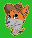  anthro blue_eyes brown_clothing brown_hat brown_headwear canid canine clothing disney english_text fan_character fox fur green_background grey_body grey_fur grey_nose happy hat headgear headshot_portrait headwear icon inner_ear_fluff male mammal multicolored_body multicolored_fur nonbinary_(lore) orange_body orange_ears orange_fur portrait pseudofox simple_background smile solo text trans_(lore) trans_woman_(lore) tuft venus_the_dog zootopia 