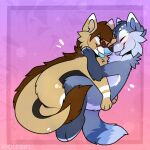  2023 abstract_background anthro blue_body blue_fur blush brown_body brown_fur butt_tuft canid canine cheek_tuft chest_tuft double_colon_(djdavid98) dragon duo embrace eyes_closed facial_tuft fennec fox fur hi_res hug hybrid kylar_(rainydagger) male male/male mammal markings multicolored_body multicolored_fur neck_tuft paws rexouium signature striped_markings stripes tongue tongue_out tuft wolfsifi ych_result 