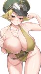  1girl blonde_hair breasts brown_eyes erwin_(girls_und_panzer) girls_und_panzer green_headwear hat highres komekueyo large_breasts leaning_forward looking_at_viewer military_hat one-piece_swimsuit partially_undressed smile solo swimsuit thighs white_background yellow_one-piece_swimsuit 