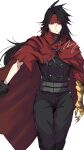  1boy belt black_gloves black_hair black_jacket black_pants buttons cape clawed_gauntlets cloak closed_mouth commentary_request crazy02oekaki final_fantasy final_fantasy_vii gauntlets gloves headband highres jacket long_hair looking_at_viewer male_focus multiple_belts pants red_cape red_cloak red_eyes red_headband signature single_gauntlet single_glove solo vincent_valentine white_background 