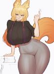  1girl animal_ears arm_support beckoning black_sweater blonde_hair blunt_bangs blush book book_stack bracelet breasts commission curvy fox_ears fox_girl fox_tail grey_pants highres index_finger_raised jewelry large_breasts long_hair looking_at_viewer original pants parted_lips picote red_eyes ribbed_sweater short_sleeves smile solo suspenders sweater tail 
