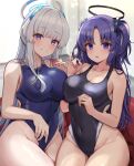  2girls adjusting_clothes adjusting_swimsuit alternate_costume asymmetrical_docking black_halo black_one-piece_swimsuit blue_archive blue_eyes blue_halo blue_one-piece_swimsuit blunt_bangs blush breast_press breasts cleavage collarbone commentary competition_swimsuit condom condom_wrapper covered_navel covered_nipples cowboy_shot grey_hair grin groin halo headphones highleg highleg_swimsuit highres holding holding_condom kihou_no_gotoku_dmc large_breasts long_hair looking_at_viewer mechanical_halo multiple_girls noa_(blue_archive) one-piece_swimsuit parted_bangs parted_lips purple_eyes purple_hair red_pupils sitting smile straight_hair sweat swimsuit textless_version thighs two_side_up yuuka_(blue_archive) 