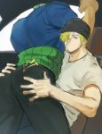  2boys alternate_costume ass ass_focus bara beanie blonde_hair car_interior car_seat curly_eyebrows feet_out_of_frame green_hair hat he_wants_to_order_(meme) highres lying_on_person male_focus meme multiple_boys muscular muscular_male one_piece roronoa_zoro sanji_(one_piece) short_hair spanking sweetdou3 unfinished yaoi 