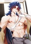  1boy abs archieloras bandaged_hand bandages blade_(honkai:_star_rail) english_text hair_over_one_eye highres honkai:_star_rail honkai_(series) indoors long_hair male_focus muscular nipples pants parted_bangs parted_lips pectorals red_eyes scar solo sweatdrop twitter_username upper_body 